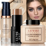 Facial Makeup Set:1PC Matte Foundation+1PC Contouring Stick+1PC Oil-Control Powder,Full Coverage,Waterproof And Sweatproof.
