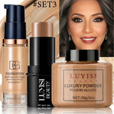Facial Makeup Set:1PC Matte Foundation+1PC Contouring Stick+1PC Oil-Control Powder,Full Coverage,Waterproof And Sweatproof.