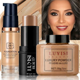 Facial Makeup Set:1PC Matte Foundation+1PC Contouring Stick+1PC Oil-Control Powder,Full Coverage,Waterproof And Sweatproof.